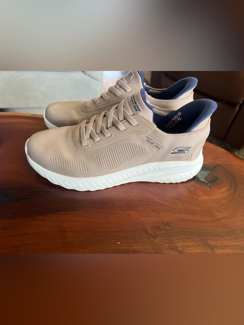 Skechers Men's Beige Knit Athletic Slip-On Sneakers with Navy Lining - Picture 3 of 5